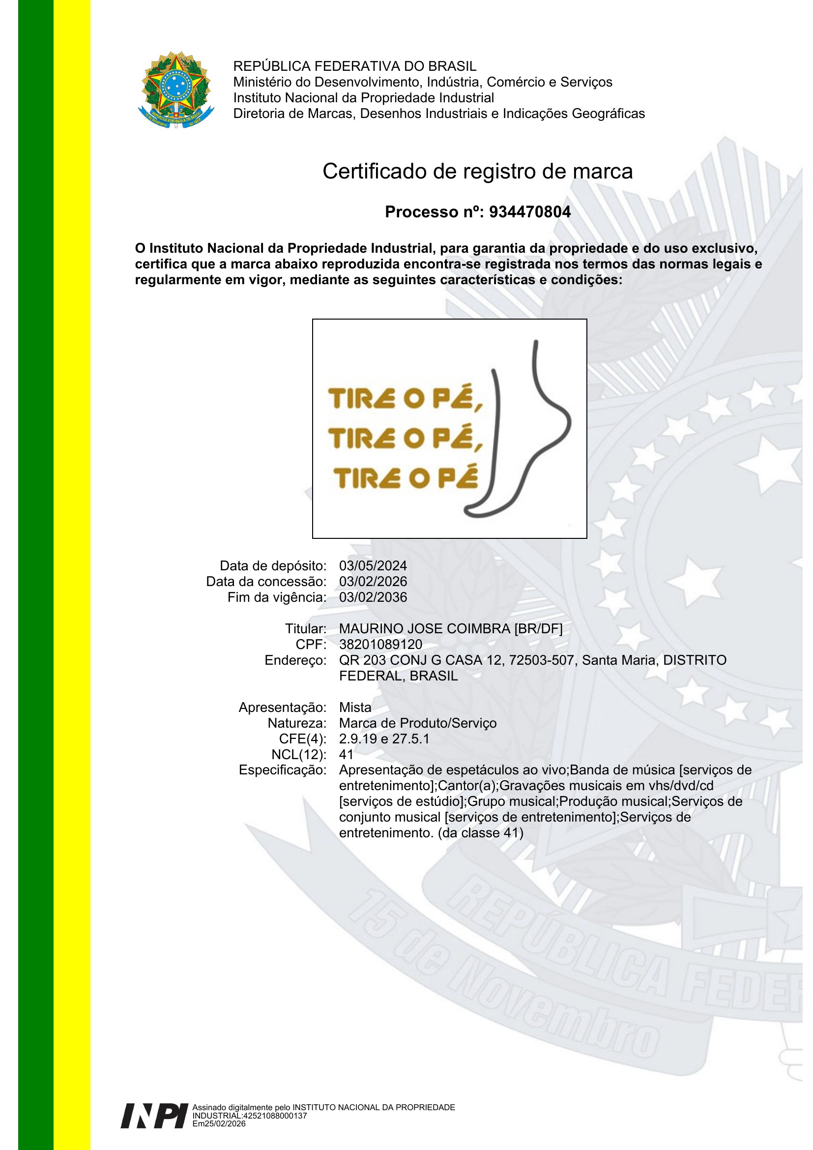 Certificado de registro da marca Tire o Pé no INPI